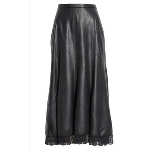 Free People Womens Skirt 4 Film Noir Black Vegan Leather Lace Hem Midi Goth Boho